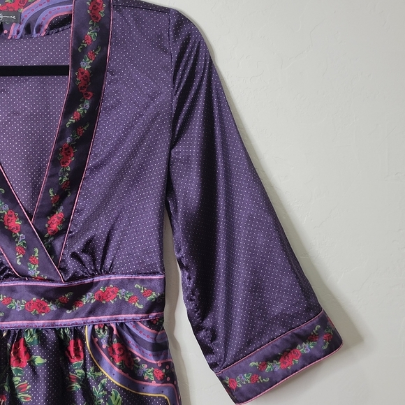 Beautiful Silky Purple and Red Mini Dress -- Floral & Swiss Dot - Picture 3 of 9